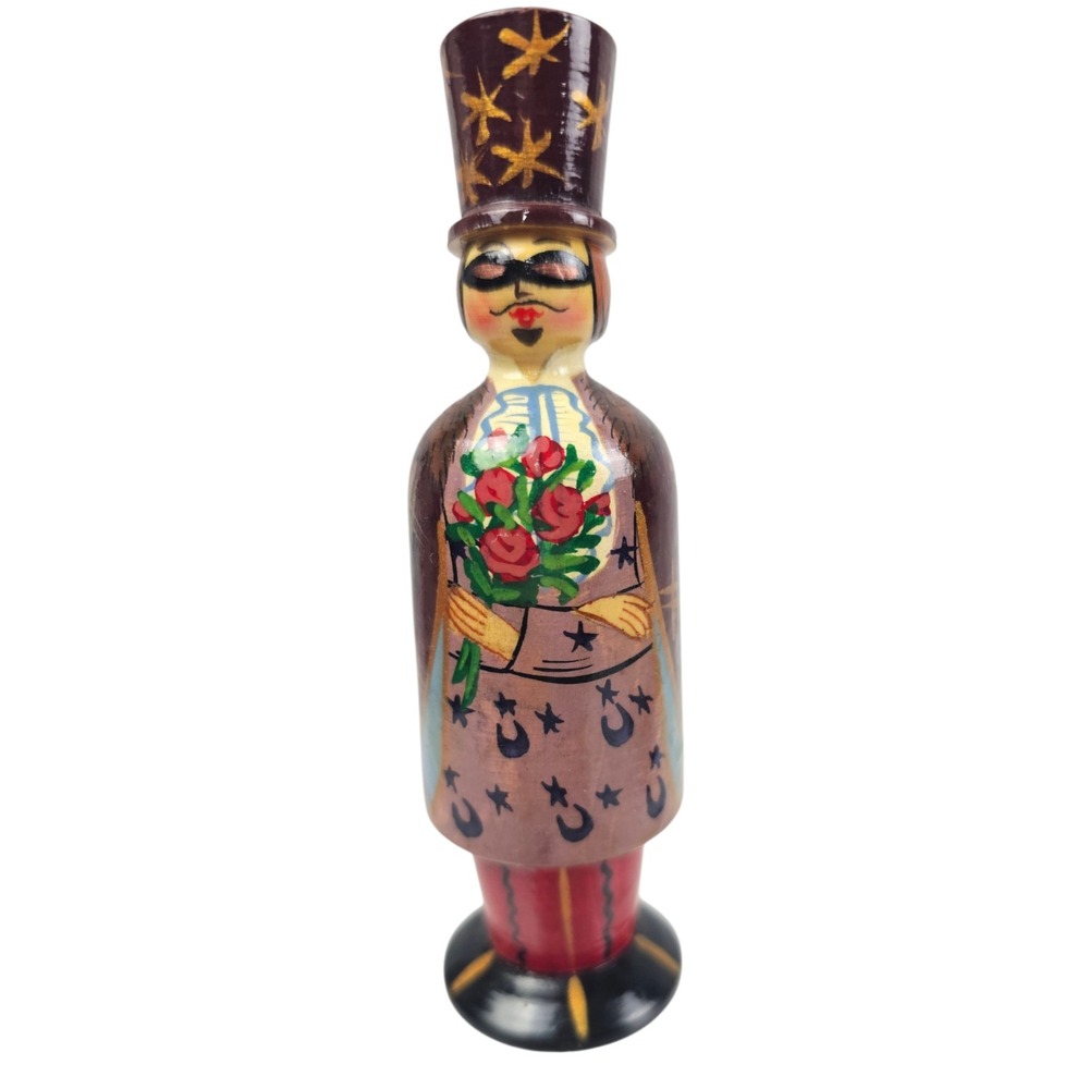 Vtg Russian Hand Painted Wooden Magician Figurine Top Hat Stars Roses Ornament
